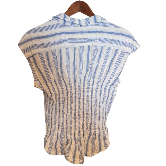 Anthropologie Maeve Striped Ruched Cotton Linen Blend Summer Coastal Blouse M - Picture 4 of 7